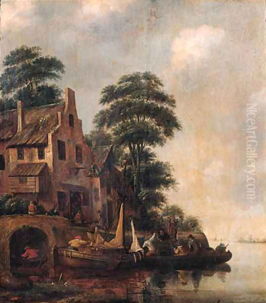 A ferry moored near the Swan inn with fishermen unloading lobster pots on a quay nearby - view 1