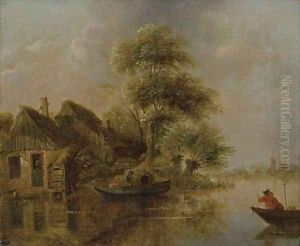 A river landscape with fishermen in a boat