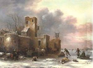 A winter landscape with figures skating outside a city wall A winter landscape with figures skating outside a city wall