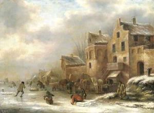 A winter landscape with skaters by a village