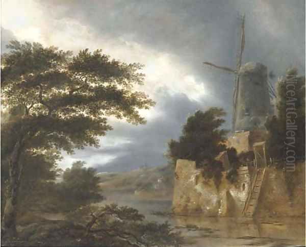 A wooded river landscape with a windmill - view 1