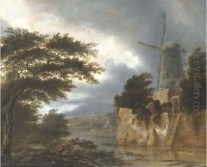 A wooded river landscape with a windmill by Claes Molenaar (see Molenaer)