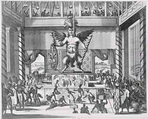 Mexican God Huitzilopochtli from Montanus de Niewe en Onbekende Weereld 1671 3 by Jacob van Meurs