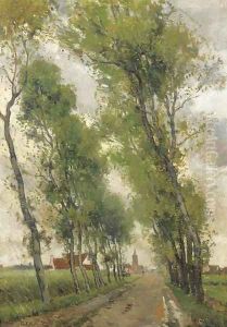 A treelined countryroad with a village in the distance