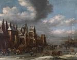 Winter Landscape With Many Figures