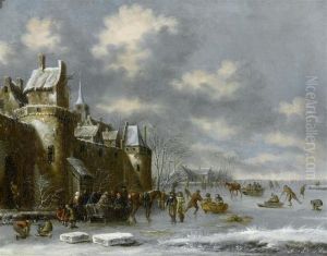 Winter Landscape With Frozen Lake And Skaters Before A Town Wall. by Thomas Heeremans