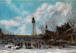 Winterliches Eisvergnugen Unter Einemhohen Leuchtturm Auf Vereister Polderbucht by Thomas Heeremans