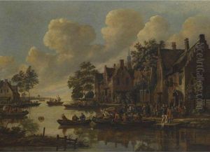 A Village On The Banks Of A River With Numerous People Drinkingoutside An Inn