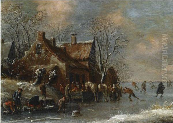 A Winter Landscape With Figures
Skating On A Frozen River,others Conversing And Feeding A Horse Outside A
Village - view 1