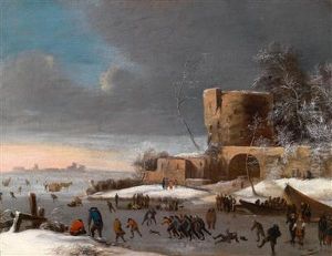 Eine Winterlandschaft Mit Schlittschuhlaufern Vor Einer Bastion Eine Winterlandschaft Mit Schlittschuhlaufern Vor Einer Bastion