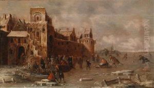 Hollandische Winterlandschaft Mit Eislaufern Voreiner Stadtmauer by Thomas Heeremans
