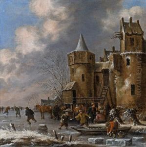 Winterszene Mit Stadtmauer Und Eislaufern
