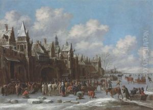 A Winter Landscape With Villagers On A Frozen Lake Outside Atown