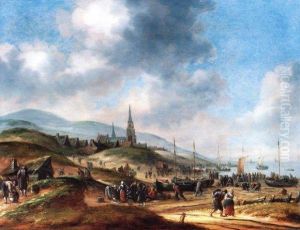 Scene De Plage A Scheneving Avec Bateaux De Peche Et Personnages by Thomas Heeremans