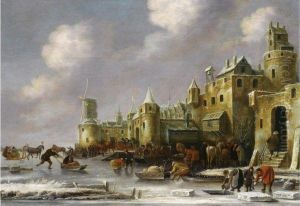 A Winter Landscape With Figures 
In Horse-drawn Sleighs Andvillagers Skating On A Frozen River Outside 
City Walls