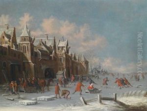 Eisvergnugen Vor Dentoren Einer Hollandischen Stadt
