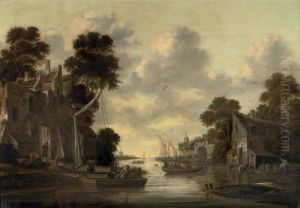 A River Landscape With Fishermen And Their Boats By A Village by Thomas Heeremans