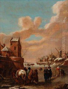 Figures And Animalson A Frozen River In A Dutch Winter Landscape by Thomas Heeremans