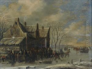 Patineurs Sur Une Riviere Gelee Devant Un Hameau by Thomas Heeremans