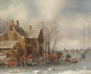 Hollandische Winterlandschaft Mit Eislaufern Auf Einem Zugefrorenen Fluss by Thomas Heeremans