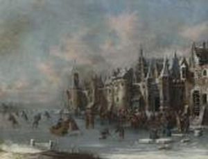 Riviere Gelee Animee De Patineurs Devant Un Village Fortifie