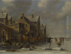 A Winter Landscape With A
Resting Kolf Player And Other Figures Skating On A Frozen River by Thomas Heeremans