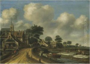 A Village Landscape With Women Bleaching Cloth Near The River