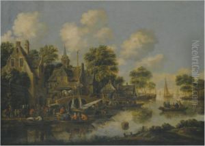 A River Landscape With Figures Unloading Their Boats Beside A Busy Village by Thomas Heeremans