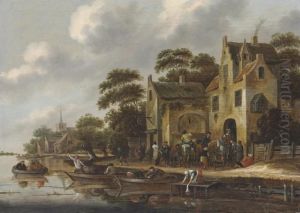 The Bank Of A River, With 
Figures In Rowboats And Travelers Outsidean Inn, A Church Beyond by Thomas Heeremans