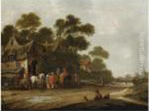 Travellers Resting With Their
Horses In Front Of A Tavern In Avillage Street, A View Of A Church
Beyond by Thomas Heeremans