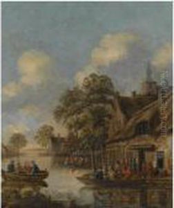 A Riverside Village, With Numerous Figures In Rowing Boats Outsidean Inn by Thomas Heeremans