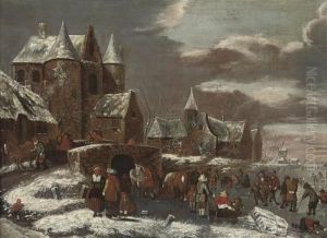 A Winter Landscape With Figures On A Frozen River Before Atown