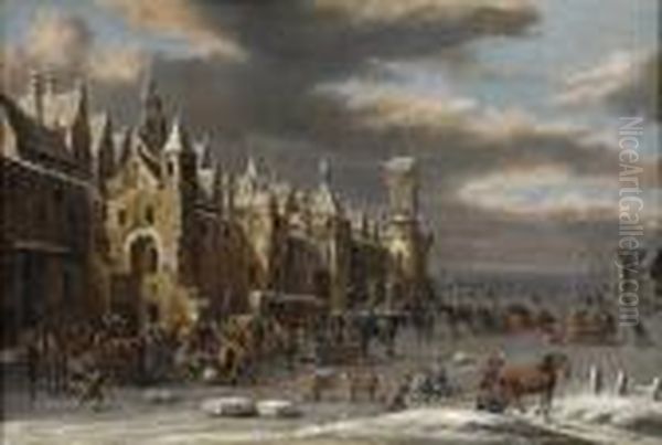 Winterliche Stadtansicht Mit Eisvergnugen Und Regem Treiben. - view 1