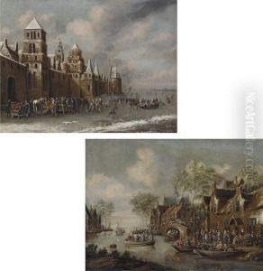 Winter: Figures Skating On A 
Frozen River By A Castle, A Town Beyond; And Spring: Figures Playing 
'drawing The Eel' On A River With Other Figures Smoking And Drinking 
Outside An Inn