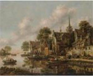 A River Landscape With Figures In Boats Moored Beside A Village by Thomas Heeremans