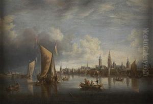 A Busy Riverside Town With Fishing And Rowing Boats by Thomas Heeremans
