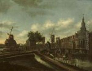The 'haarlemmer Poort' In Amsterdam With Figures On A Road And In Boats by Thomas Heeremans
