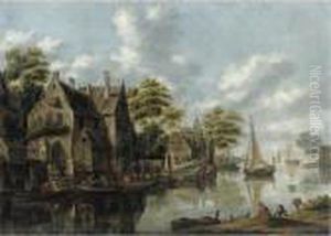 A River Landscape With Figures Outside A Tavern And Yachts Moored Alngside A Houses A River Landscape With Figures Outside A Tavern And Yachts Moored Alngside A Houses
