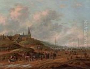 A View Of The Beach At Egmond Aan Zee With Fisherman Selling Their Catch