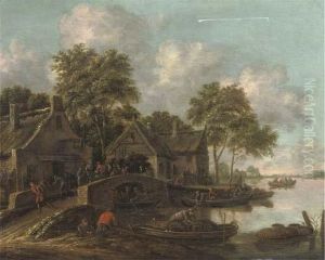 A River Landscape With Fishermen
 Bringing In Their Catch And Villagers Conversing On A Bridge by Thomas Heeremans