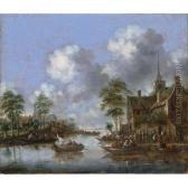 A Village Scene With Figures In Rowing Boats On A River - view 1