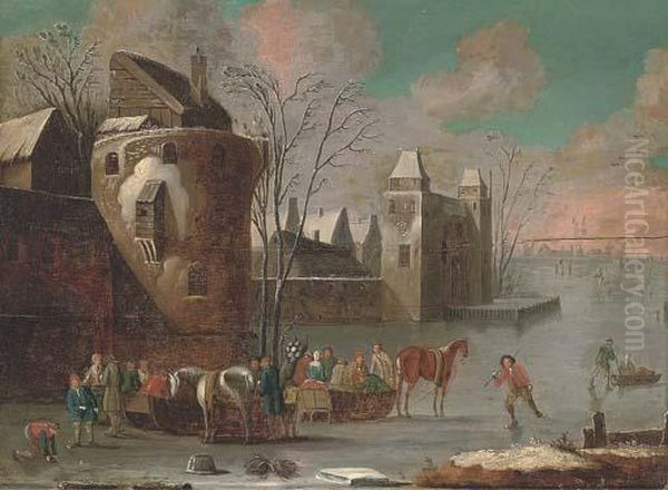 A Frozen River Landscape With Skaters - view 1