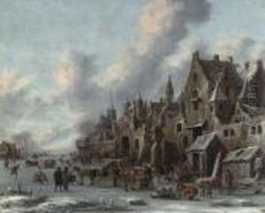 A Frozen Canal Before The Walls Of A Town With Sleigh Und Skaters. 1688.