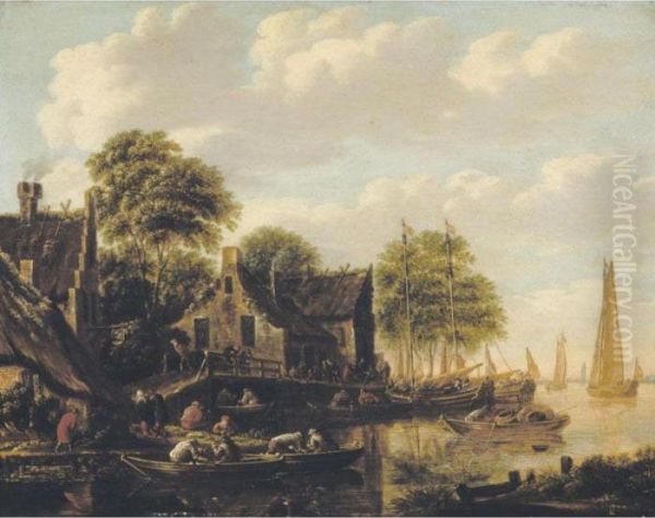 A River Landscape With Numerous Boats And Figures Outside An Inn - view 1