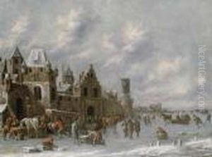 Figures On A Frozen Canal By A Walled Town
