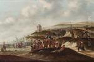 A Dune Landscape With Peasants Buying Fish, A Village Beyond