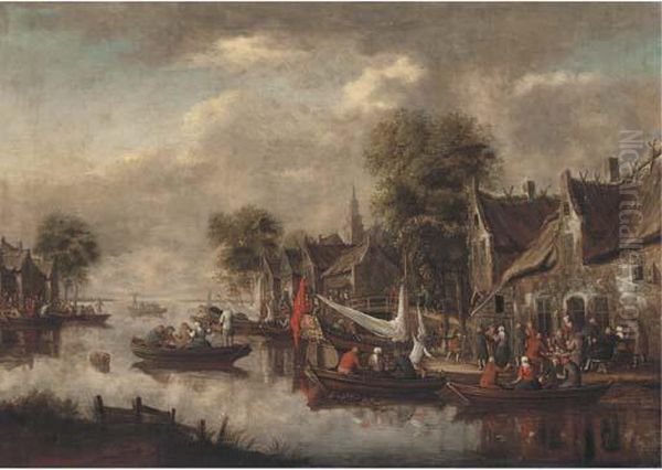 A River Landscape With Figures Merrymaking In Boats And Outside Aninn - view 1