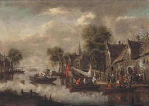 A River Landscape With Figures Merrymaking In Boats And Outside Aninn