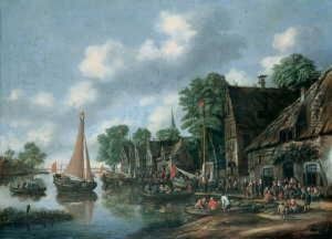 Flusslandschaft. Am Ufer Ein Dorf Mit Zahlreichen Personen.