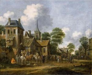 A Village Scene With Horsemen 
Halting Near An Inn And Other Figures Drinking Around Tables And In The 
Street